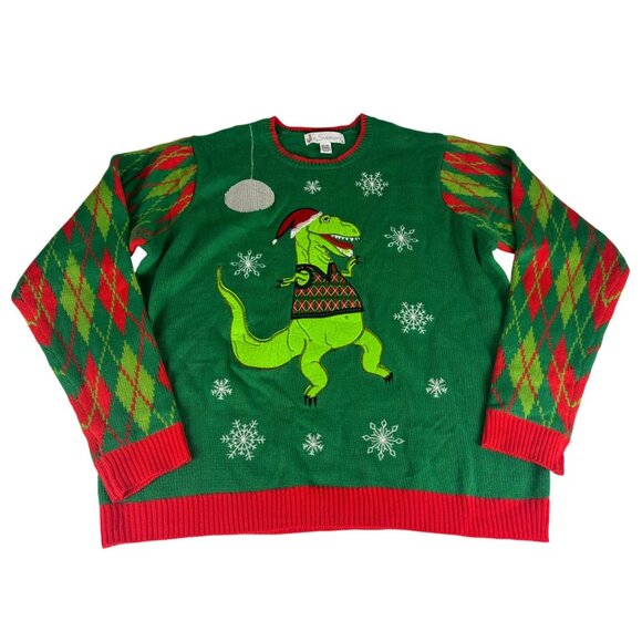 Jolly Dino Snowflakes Argyle Ugly Christmas Sweater Unisex XL Green Red Acrylic - Picture 1 of 4